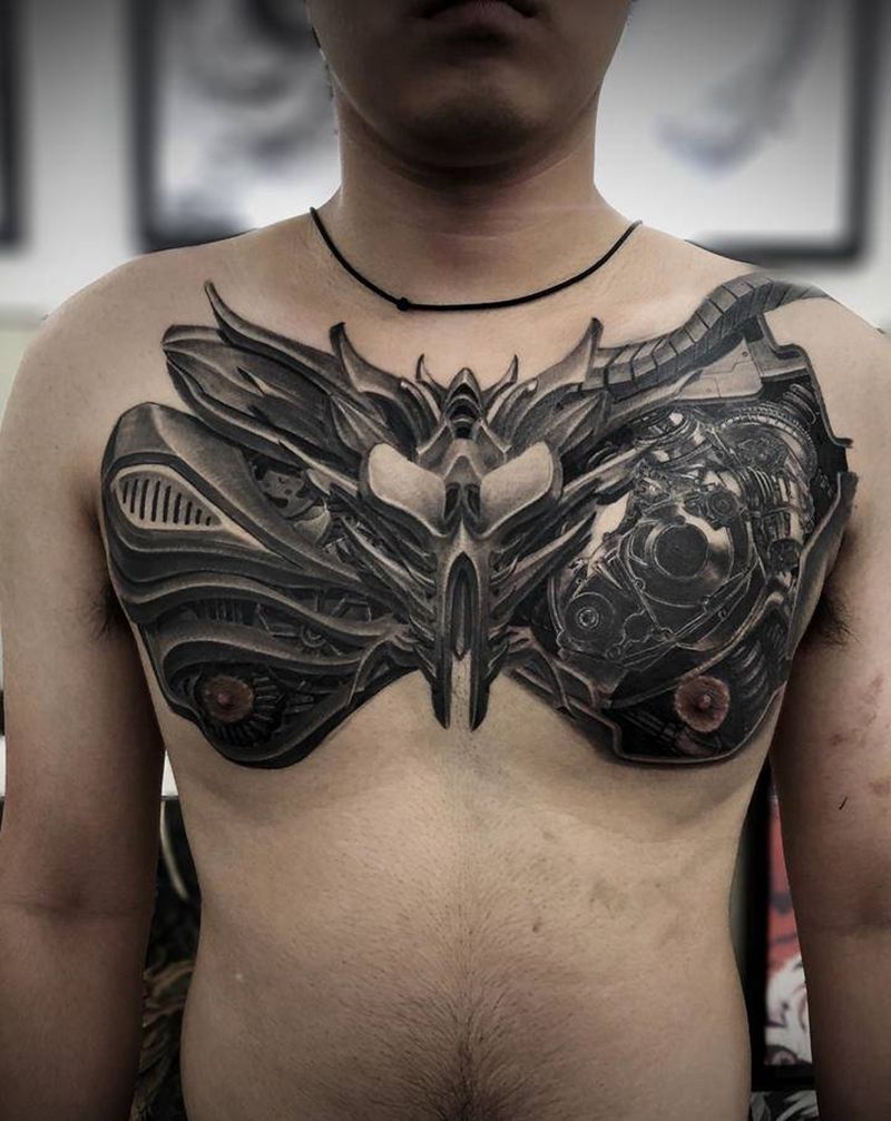 机械胸纹身图片_胸部欧美写实纹身图案