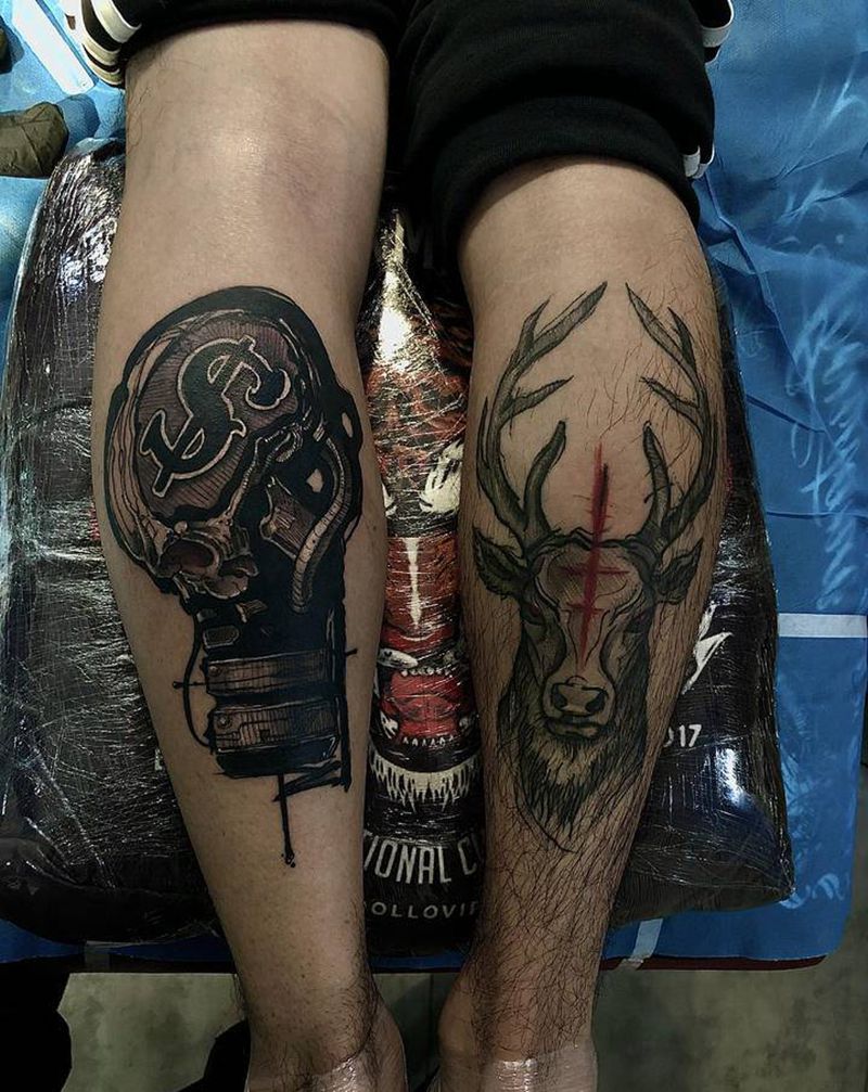 南京团藏刺青作品纹身图片_手臂欧美写实骷髅小腿写实纹身图案