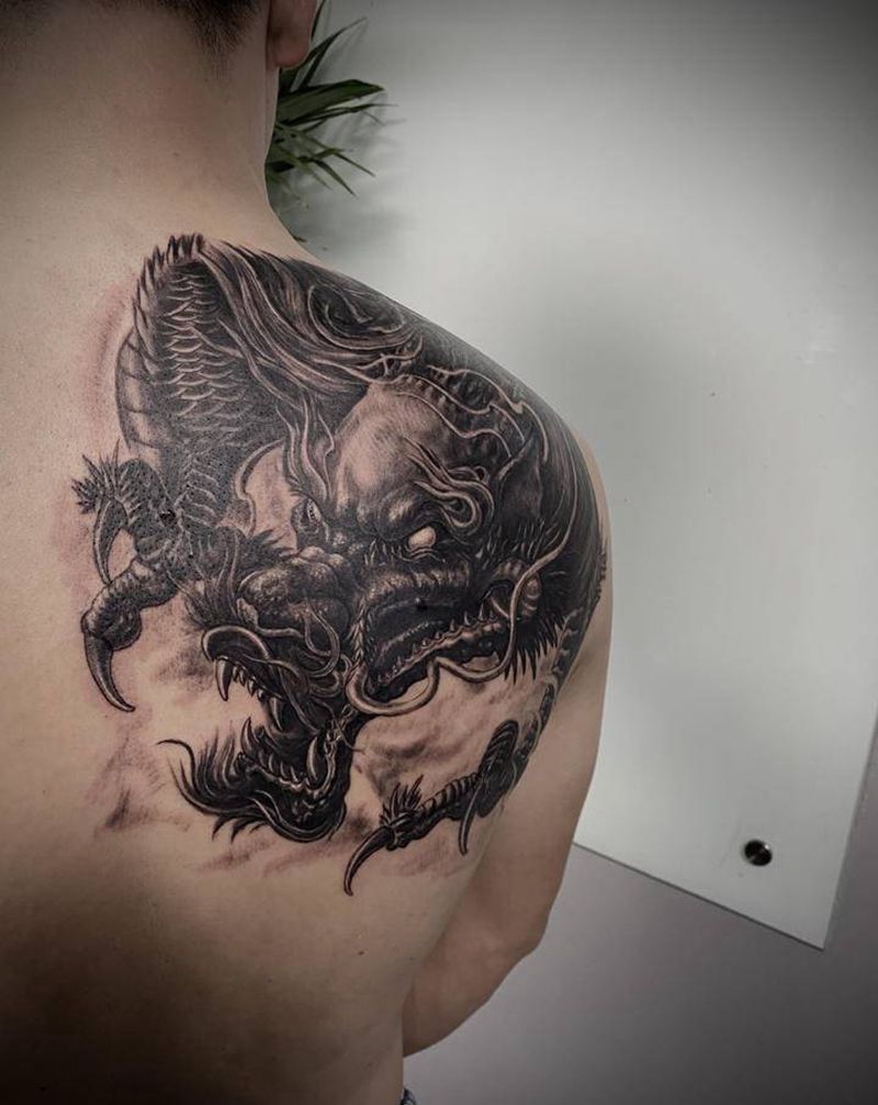 龙纹身图片_背部新传统欧美写实龙纹身图案