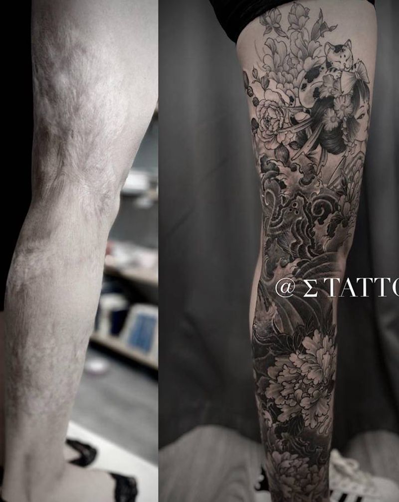 疤痕遮盖纹身图片_腿部新传统纹身图案