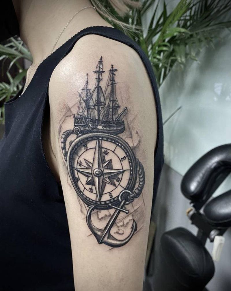 帆船指南针船锚纹身图片_手臂欧美写实纹身图案