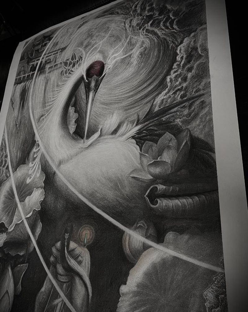 世界和平纹身图片_背部腿部新传统欧美写实鹤人物荷花纹身图案