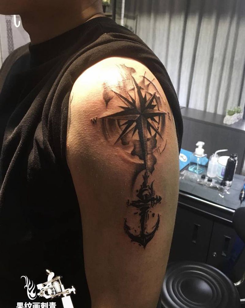 船锚指南针纹身纹身图片_手臂欧美写实图腾纹身图案