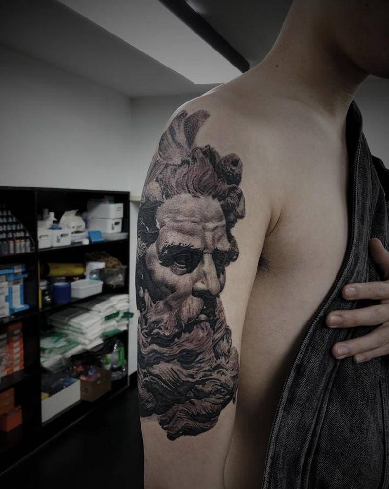 波塞冬纹身图片_手臂欧美写实纹身图案