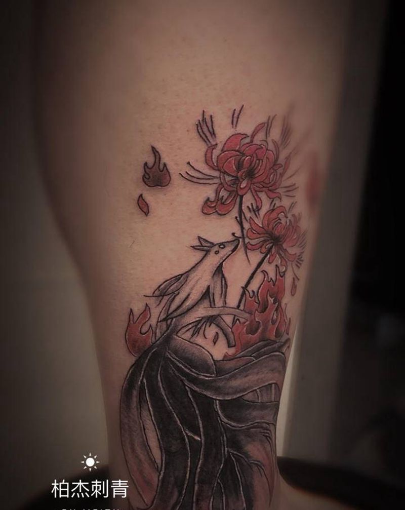 九尾狐遮盖纹身图片_腿部新传统纹身图案