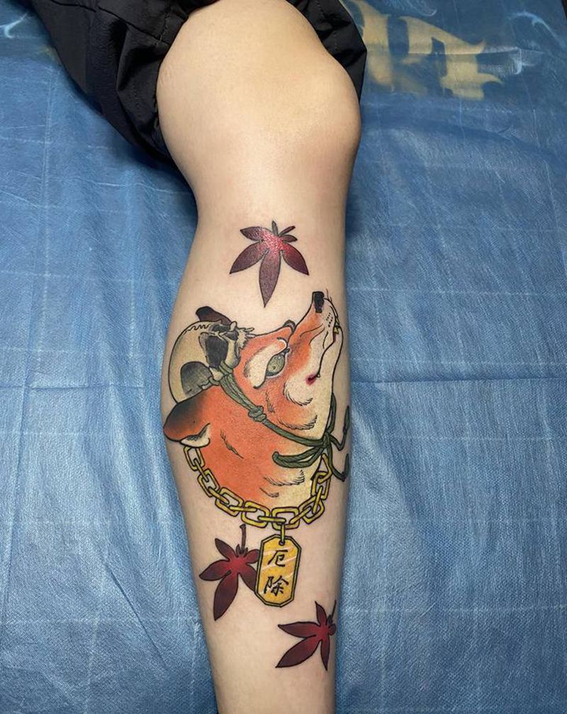 传统彩色狐狸纹身图片_腿部新传统水彩狐狸御守南京纹身图案