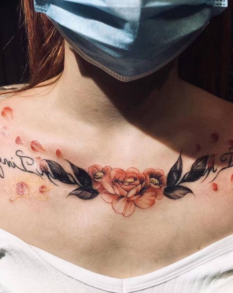 锁骨修改遮盖纹身图片_欧美写实新传统纹身图案