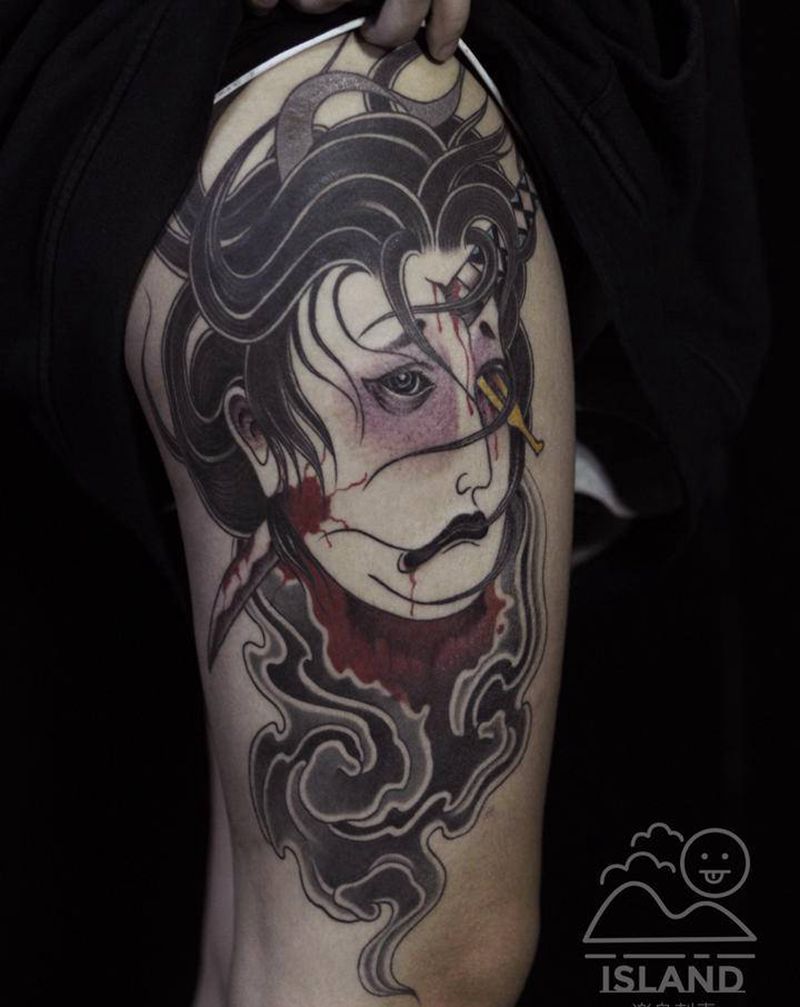 生首纹身图片_腿部老传统新传统日式纹身图案