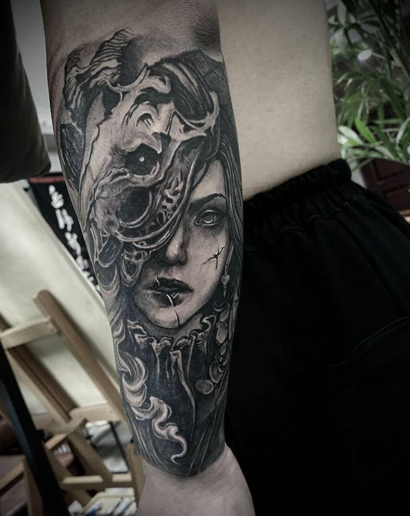 羊头女纹身图片_欧美写实暗黑纹身图案