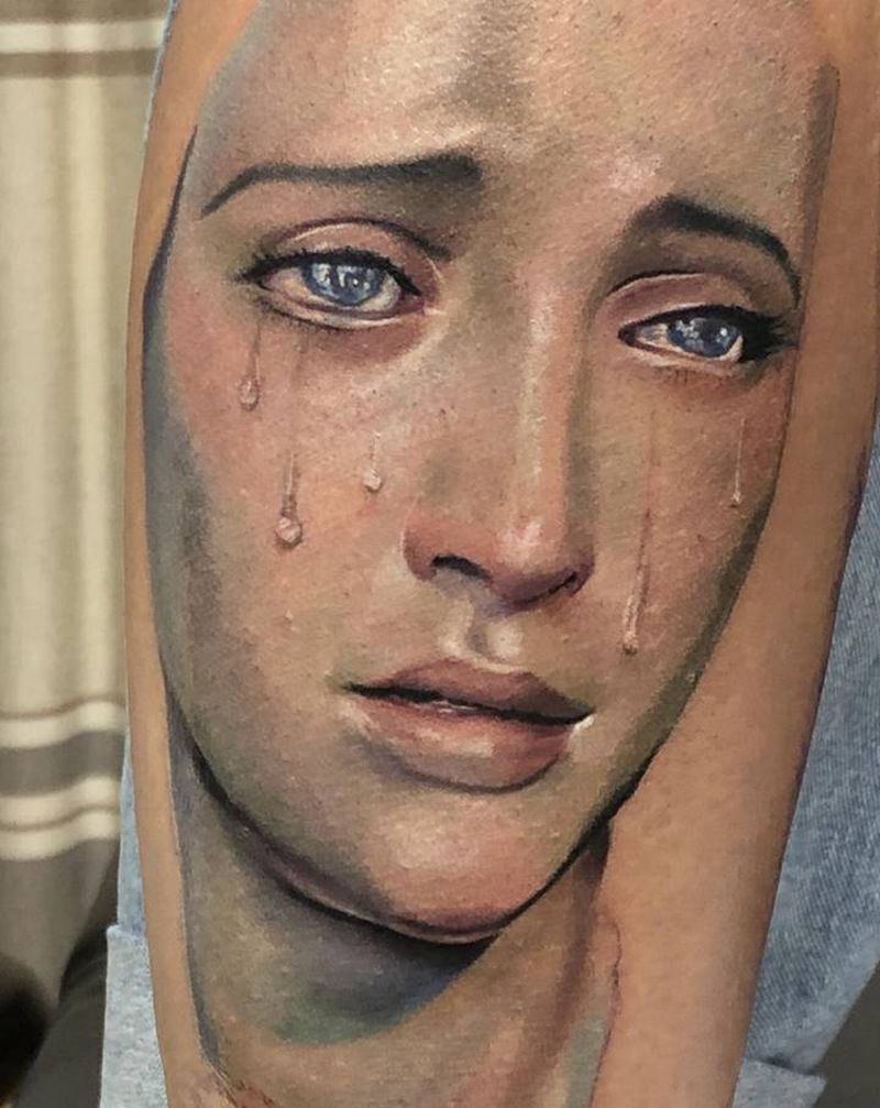 圣母未完成纹身图片_腿部欧美写实纹身图案