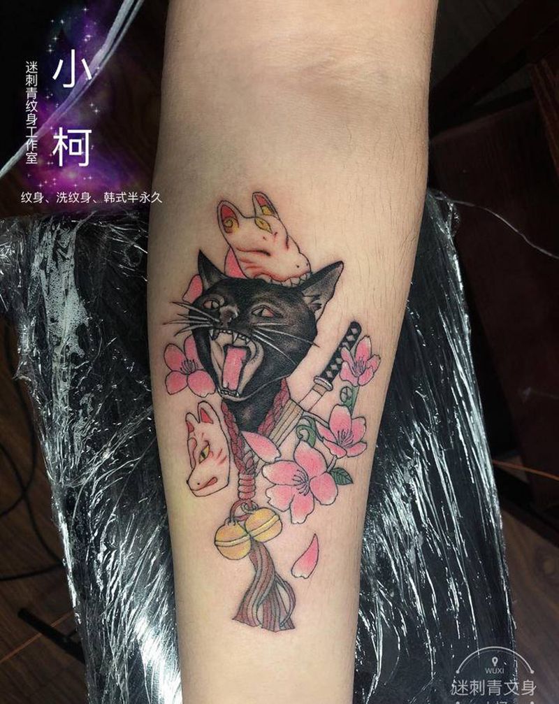日系忍者猫纹身图片_手臂手部新传统老传统猫忍者猫纹身图案