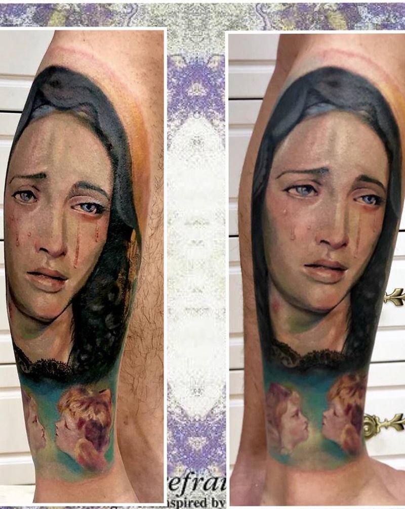 哭泣的圣母和小天使纹身图片_腿部欧美写实纹身图案