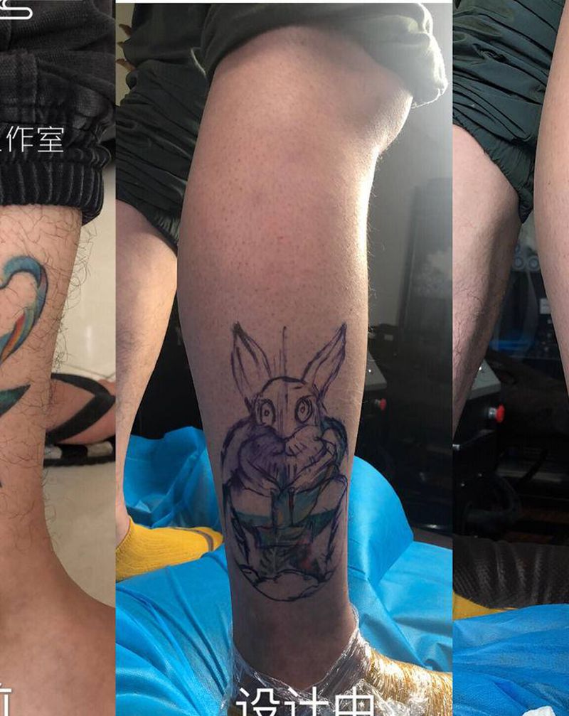 暗黑系兔子遮盖老纹身纹身图片_腿部脚部欧美写实新传统兔子暗黑系纹身图案
