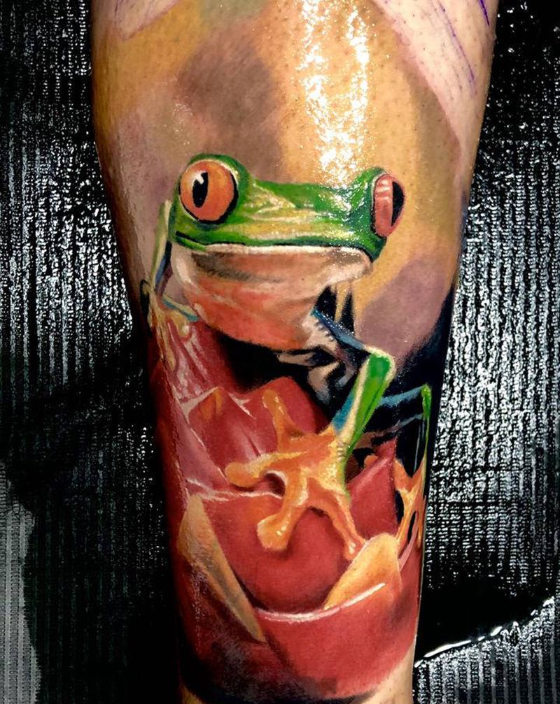 青蛙未完纹身图片_腿部欧美写实纹身图案