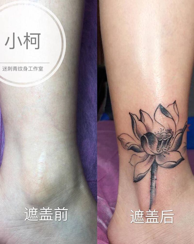 传统莲花遮盖疤痕纹身图片_腿部脚部新传统老传统莲花荷花纹身图案