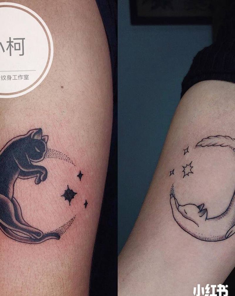 情侣纹身纹身图片_手臂几何点刺猫咪情侣猫纹身图案