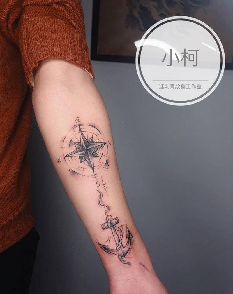 指南针纹身图片_手臂几何图腾指南针船锚航海纹身图案