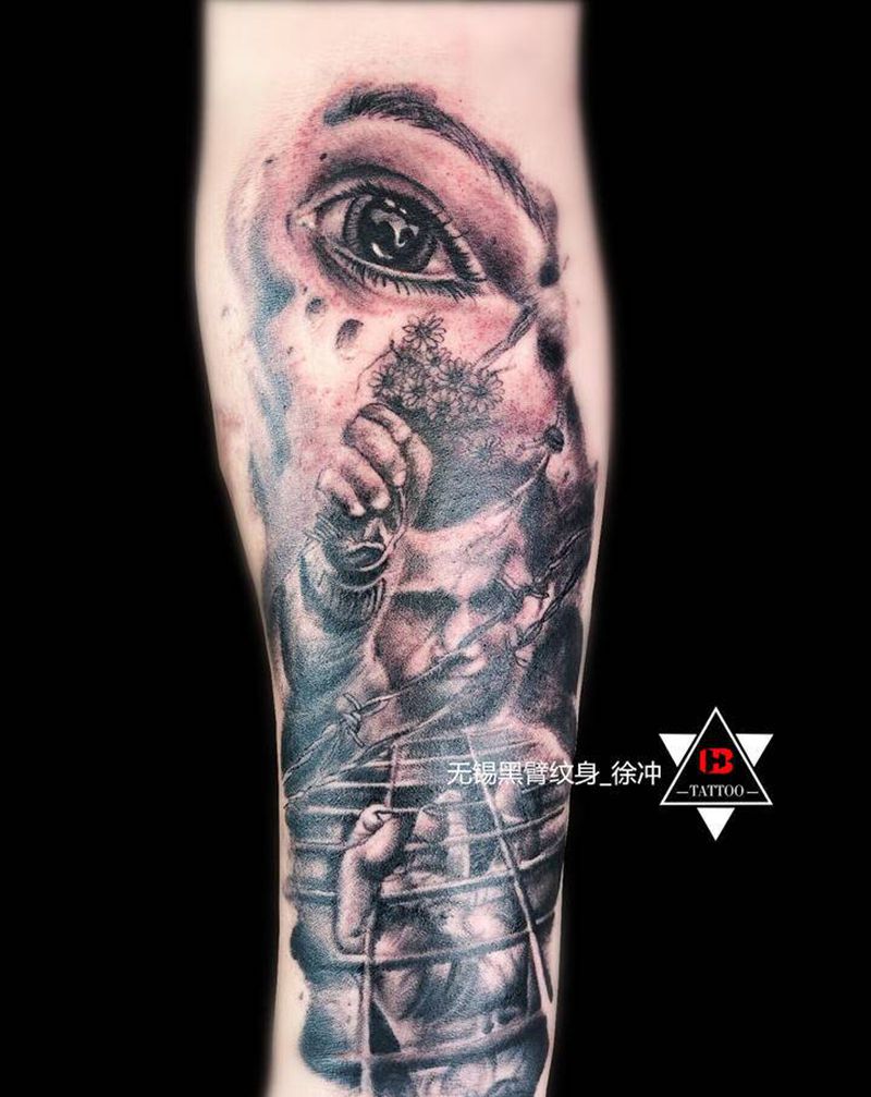 【黑灰写实】·希望纹身图片_手臂手部欧美写实水彩写实孩子鲜花纹身图案