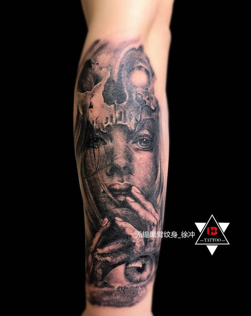 【黑灰写实】·三体纹身图片_手臂臀部欧美写实水墨艺妓写实骷髅纹身图案
