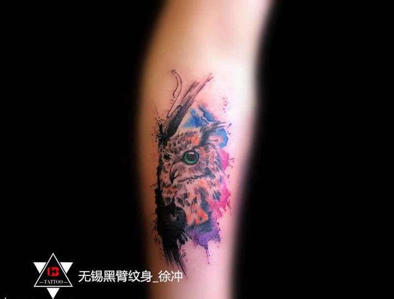 【泼墨】·猫头鹰纹身图片_手臂手部水彩水墨猫头鹰泼墨卡通纹身图案