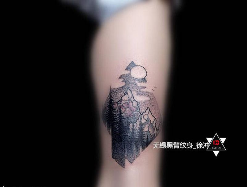 【点刺】·杉树林纹身图片_腿部脚部点刺几何遮盖点刺几何纹身图案