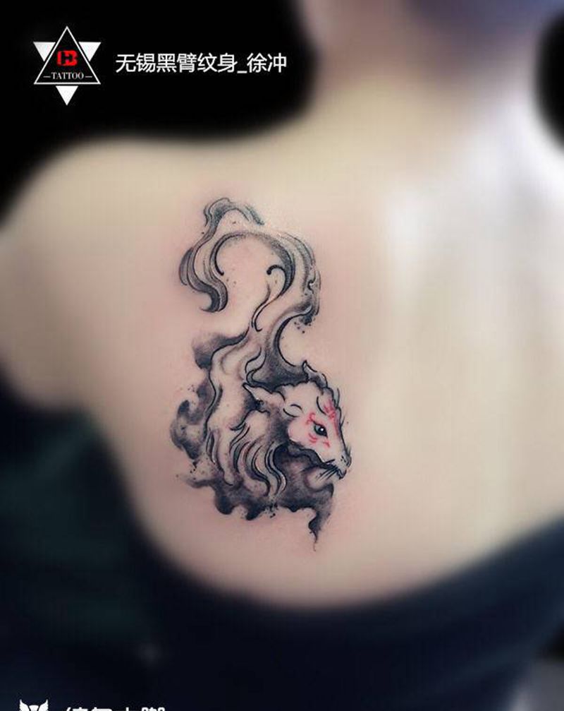 【水墨】·狐狸纹身图片_腰部背部水彩水墨纹身图案