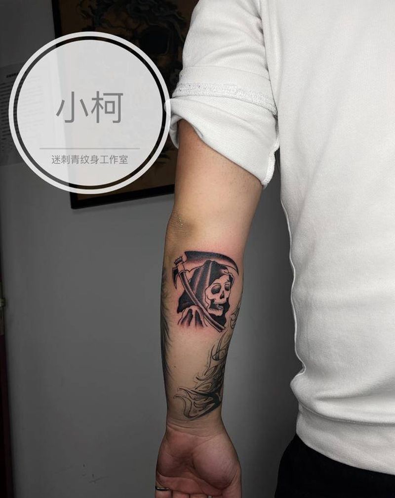 死神纹身图片_手臂Old School死神old school骷髅纹身图案