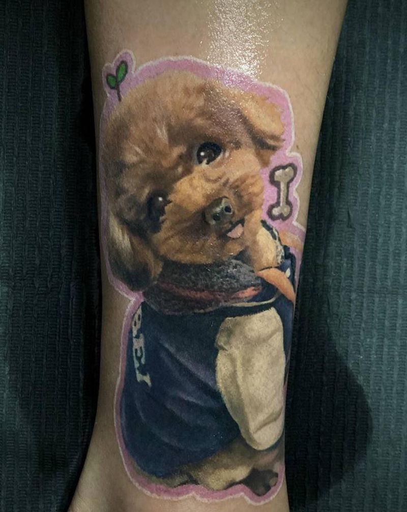 宠物狗肖像遮盖老文身纹身图片_腿部欧美写实纹身图案