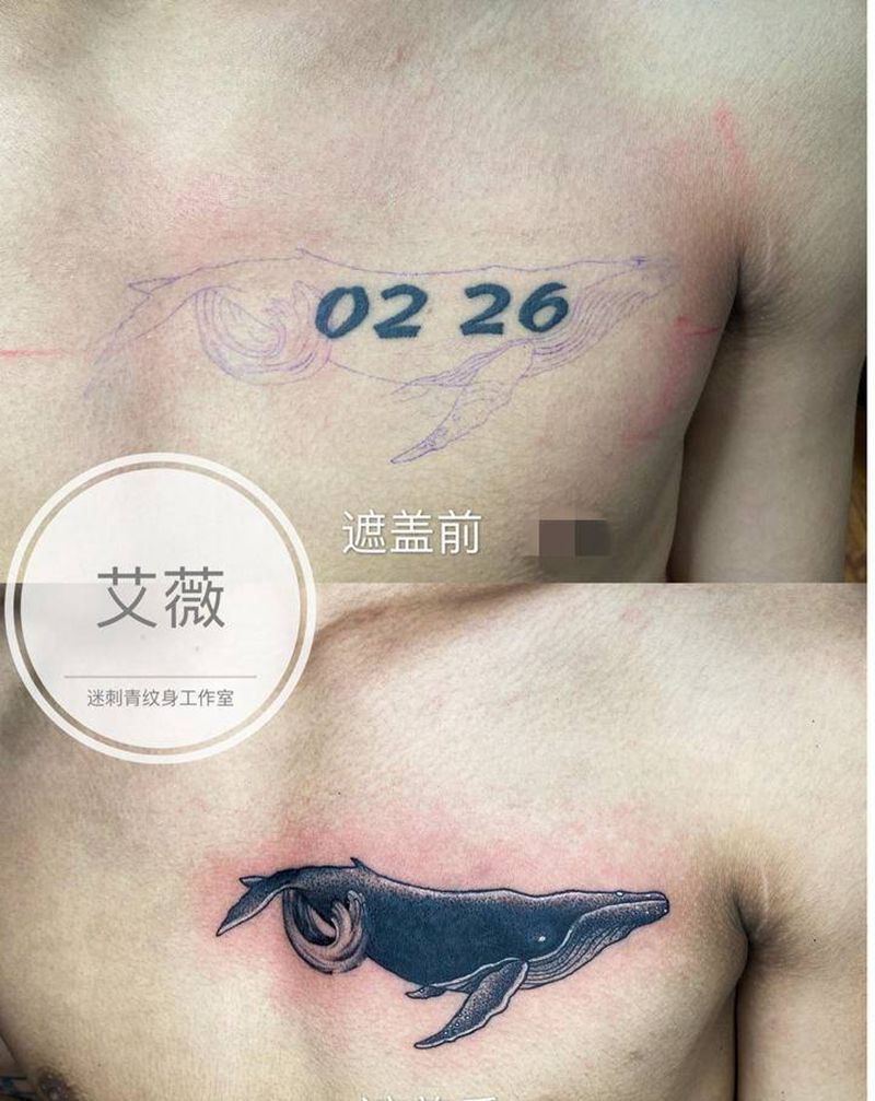 遮盖纹身纹身图片_肩部胸部点刺鲸鱼遮盖老遮盖旧纹身图案