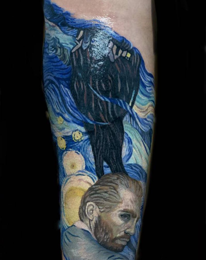梵高星空变形遮盖老图纹身图片_欧美写实纹身图案