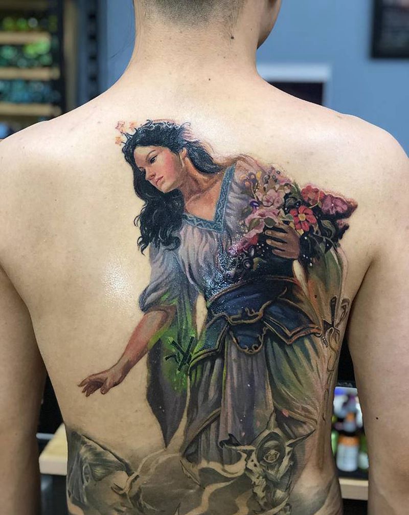 背部彩色天使第三次纹身图片_背部欧美写实纹身图案
