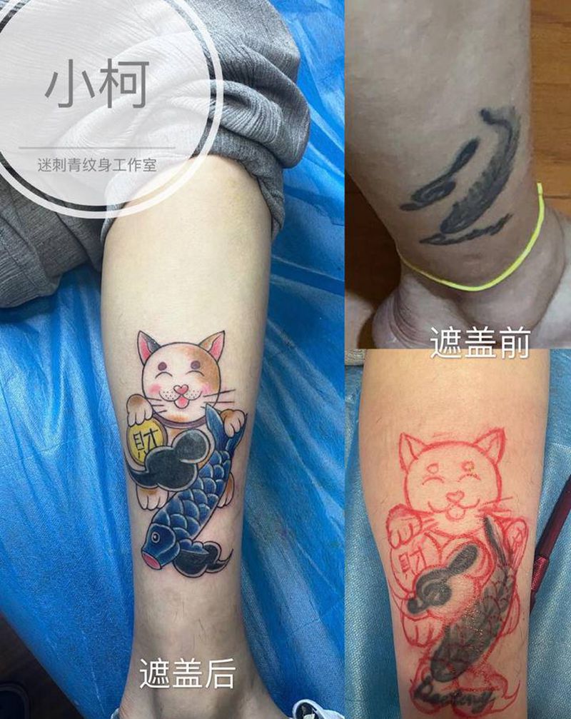 招财猫遮盖旧纹身纹身图片_腿部老传统遮盖招财猫纹身图案