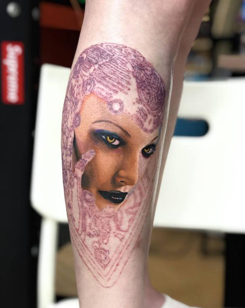 赛博朋克机械女郎未完纹身图片_腿部欧美写实纹身图案