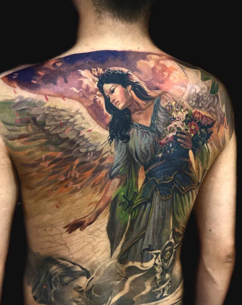 背部彩色天使第六次纹身图片_背部欧美写实纹身图案