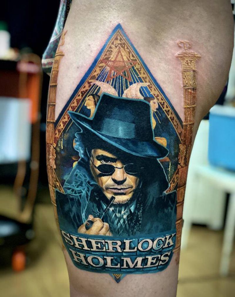大侦探福尔摩斯和剧中天圣教纹身图片_腿部欧美写实纹身图案