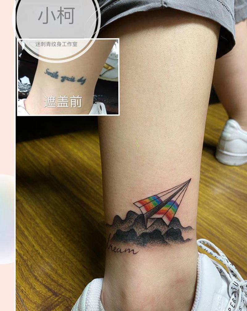 遮盖纹身纹身图片_脚部腿部几何纸飞机遮盖脚踝纹身图案