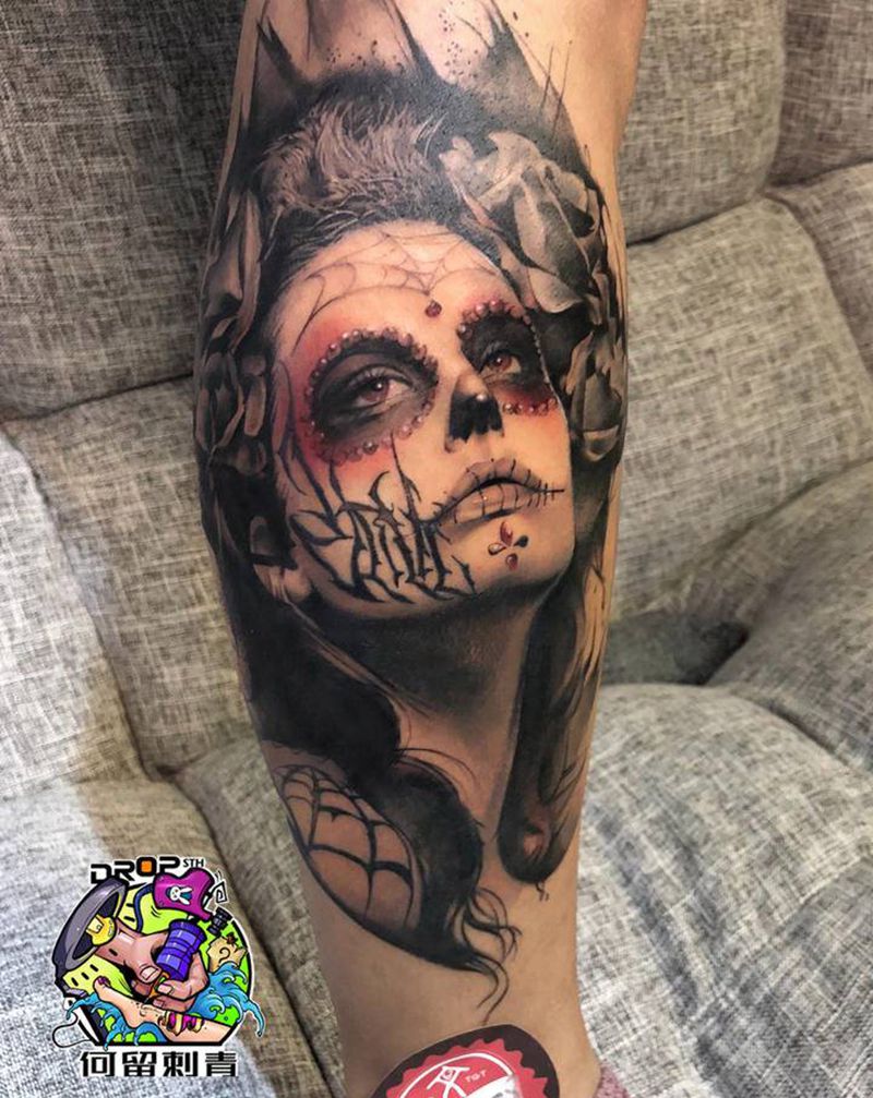 骷髅女纹身图片_腿部欧美写实纹身图案