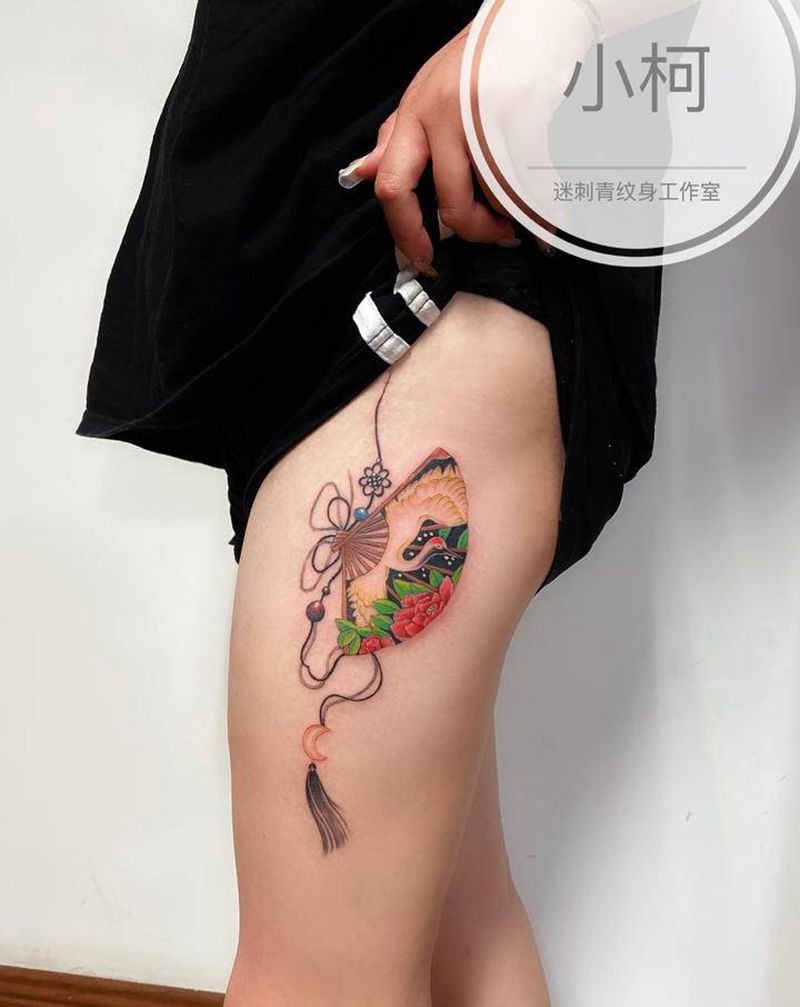 折扇纹身纹身图片_腿部水墨新传统中国风扇子女神纹身图案