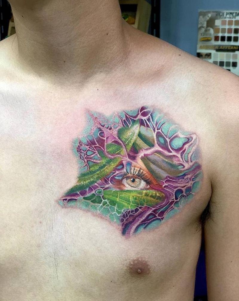 流体画全视之眼纹身图片_胸部欧美写实纹身图案