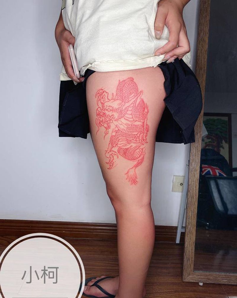 红龙纹身图片_腿部新传统老传统龙龙线条线条龙纹身图案