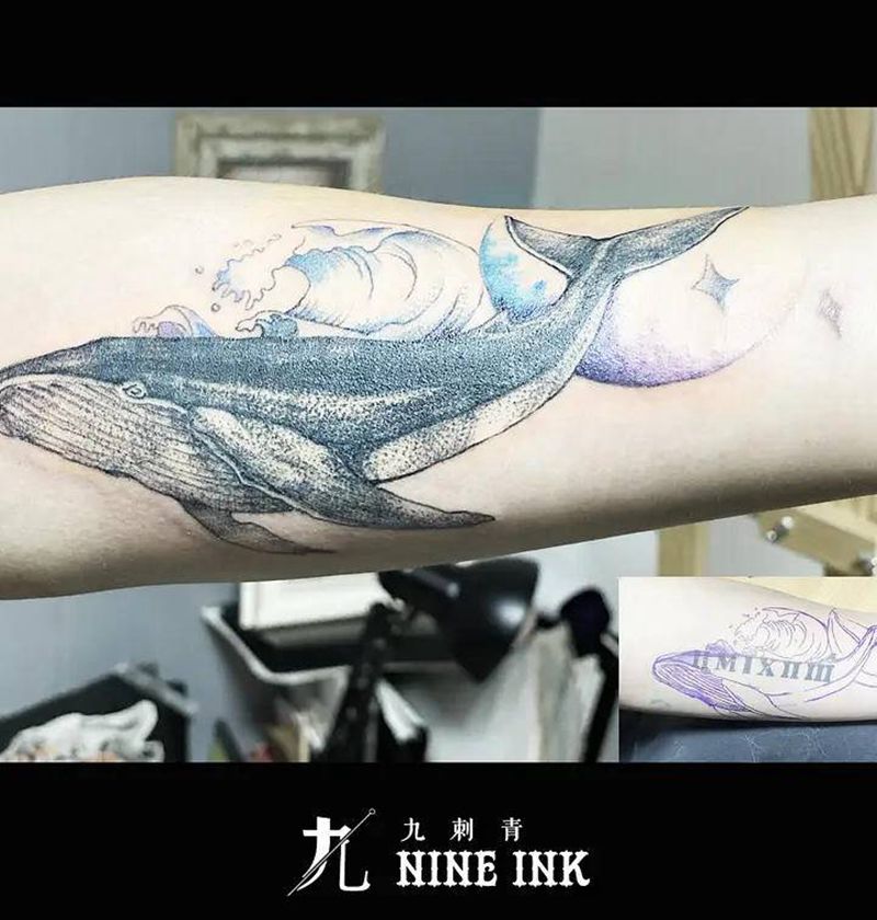 鲸鱼遮盖纹身图片_手臂水墨纹身图案