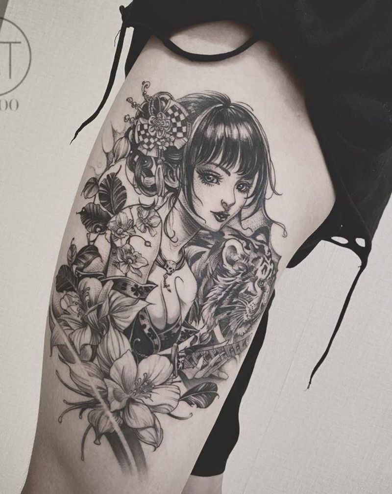 艺伎纹身图片_腿部纹身图案