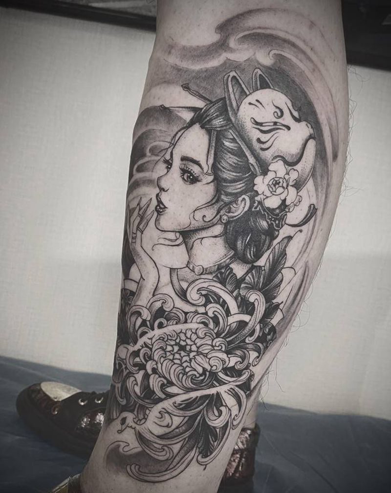 艺伎纹身图片_腿部纹身图案