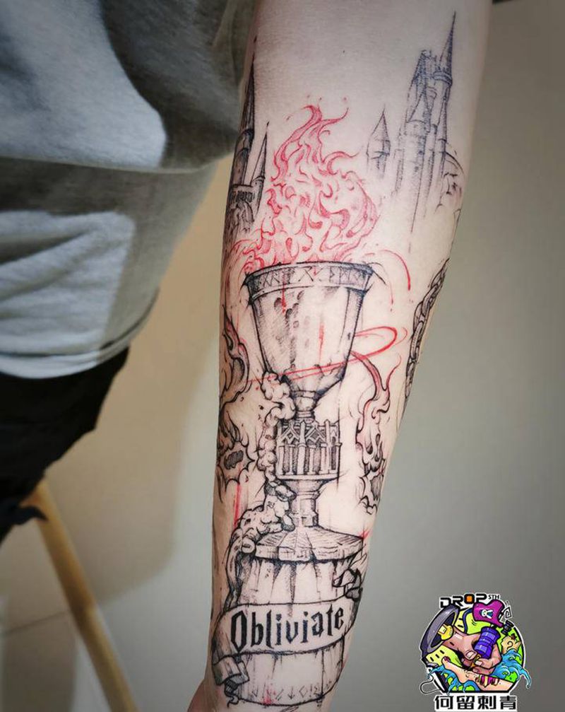 火焰杯纹身图片_手臂点刺纹身图案
