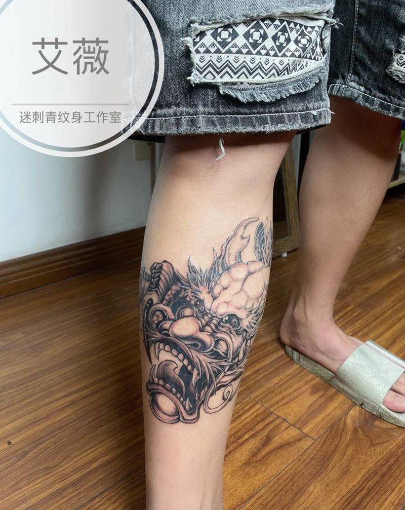 龙头纹身图片_腿部新传统龙遮盖疤痕纹身图案