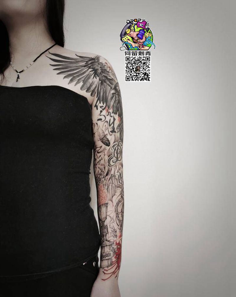 哈利波特主题包臂纹身图片_手臂点刺欧美写实纹身图案