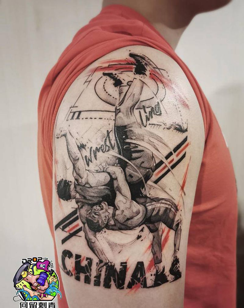 摔跤纹身图片_手臂欧美写实新传统纹身图案