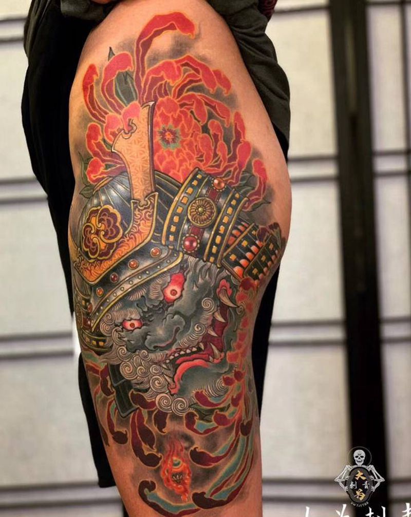 菊花武士唐狮纹身图片_腿部新传统唐狮菊花武士纹身图案