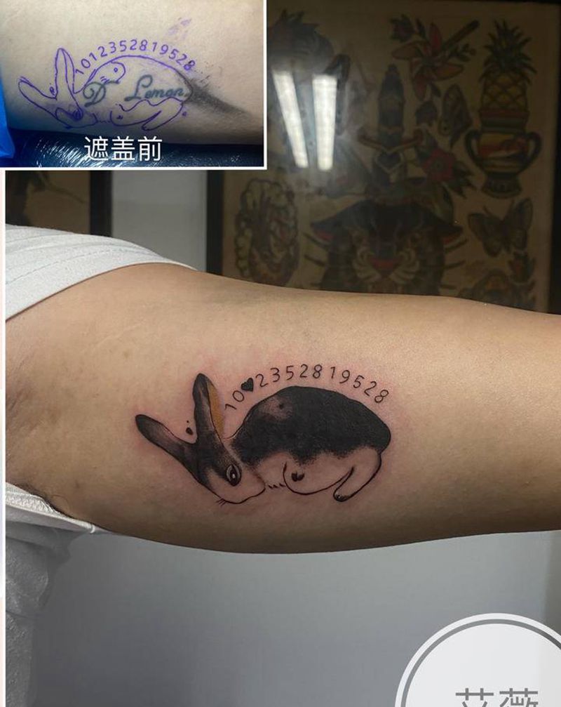遮盖纹身纹身图片_手臂水墨兔子遮盖旧兔子纹身图案