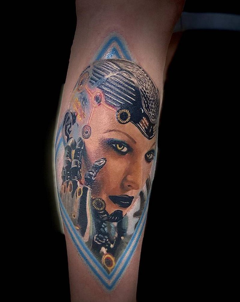 赛博朋克机械女郎纹身图片_腿部欧美写实纹身图案